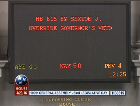 Override Attempt Fails, Haslam's Veto of Bible Bill Stands